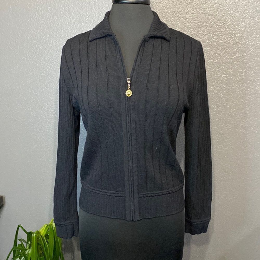 St. John Black Ribbed Sweater Cardigan